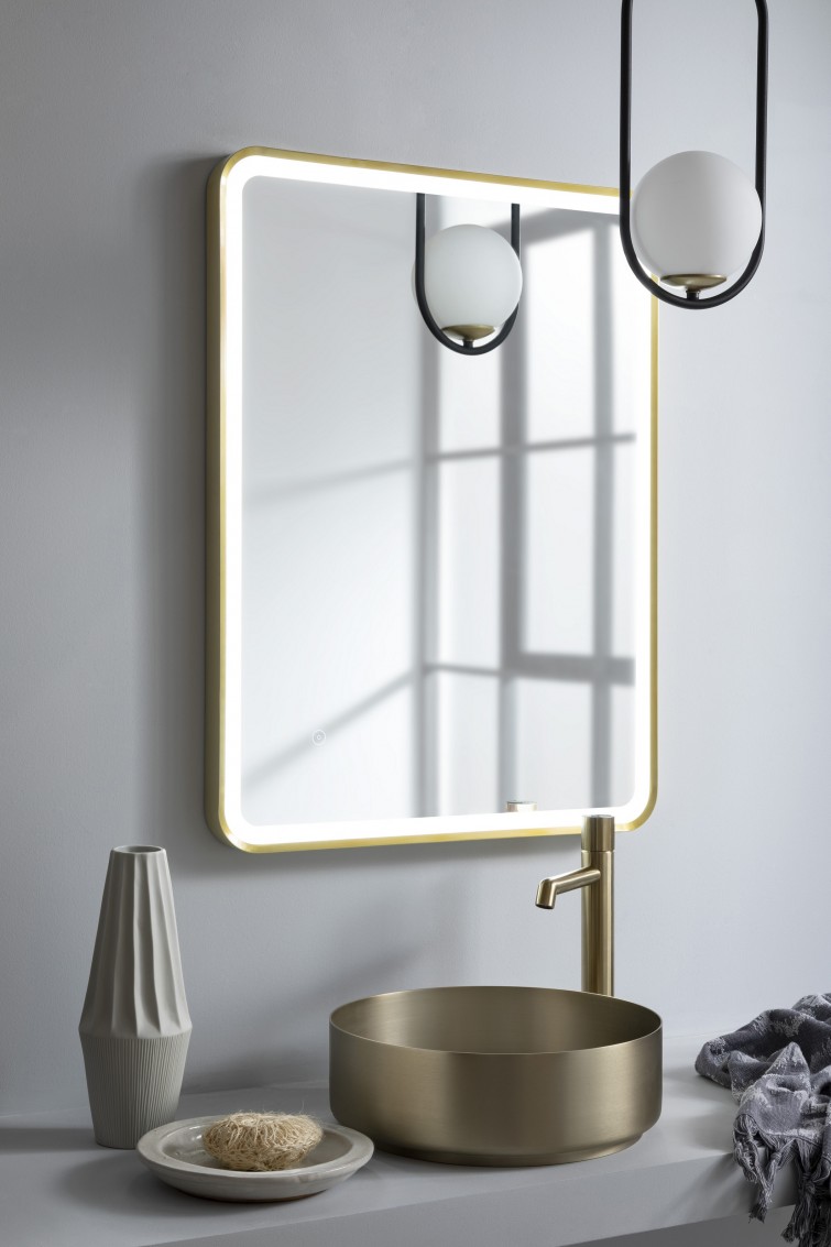 Hix brushed brass illuminated mirror with light